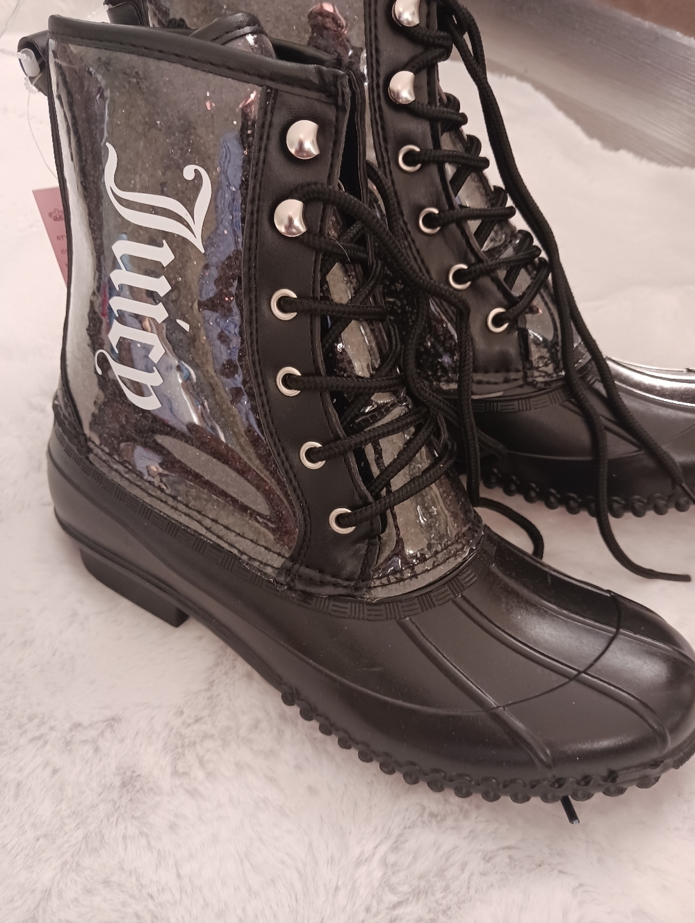 Juicy Couture Black Lace-Up Rain Boots with Script Side Detail